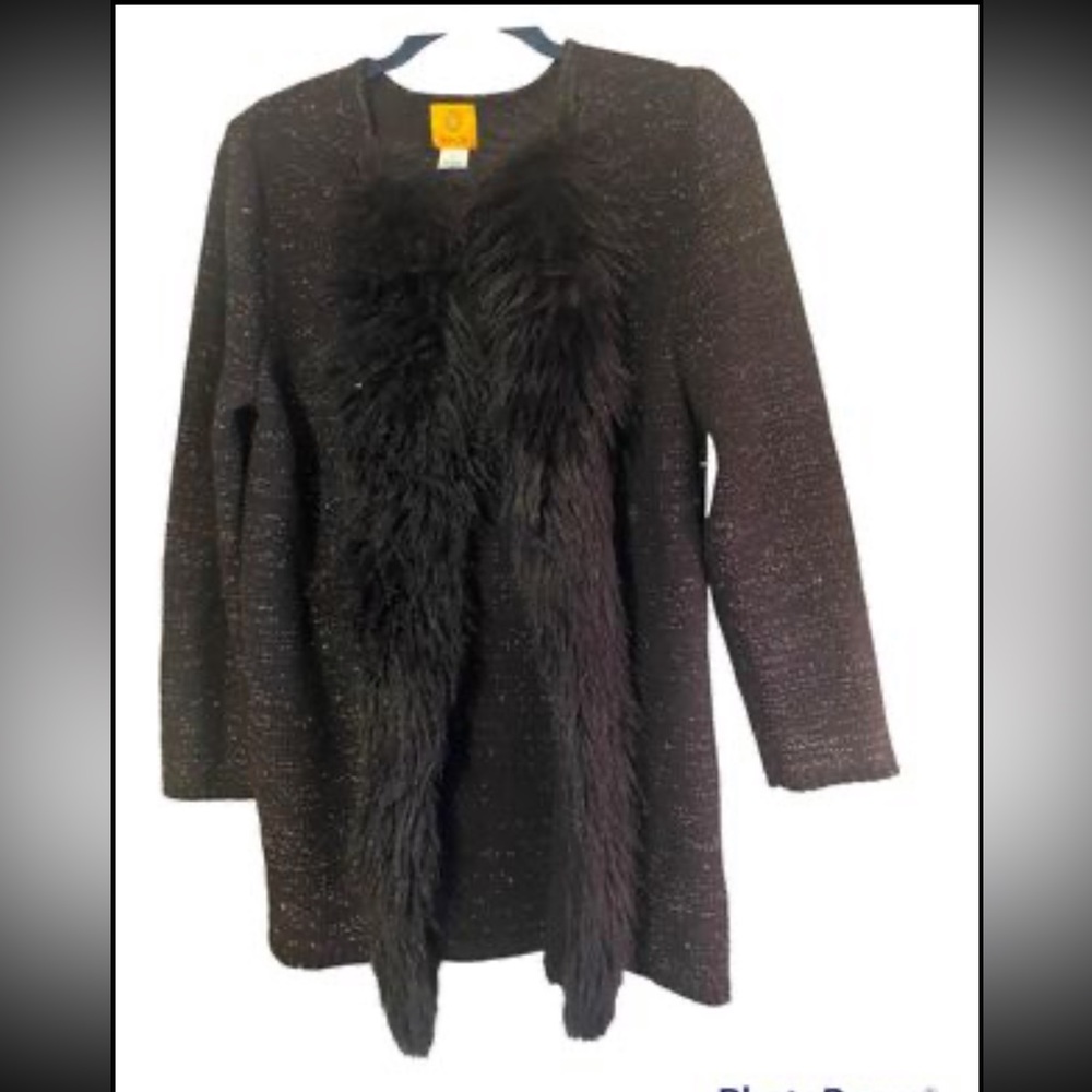 Ruby Rd. Long Cardigan, Large, Faux Fur Trim